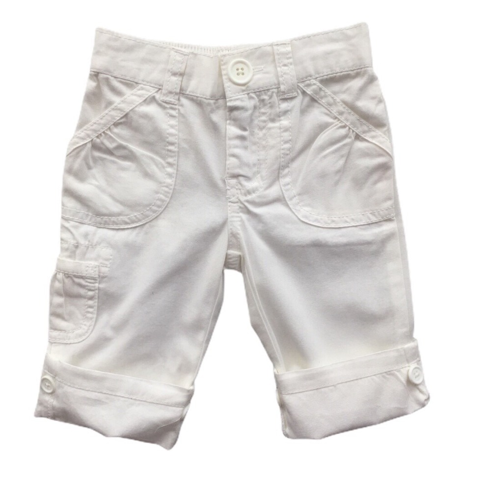 CHEROKEE Baby Girl White PANTS 12 M Roll Up Cropped or Long Button Cargo Cotton